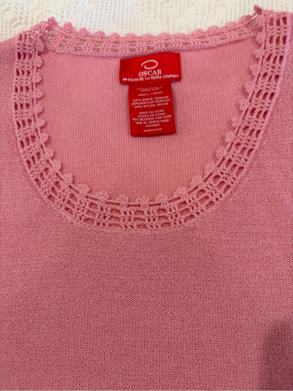 Oscar de la Renta Pink Crewneck Sweater with Crochet-Trim